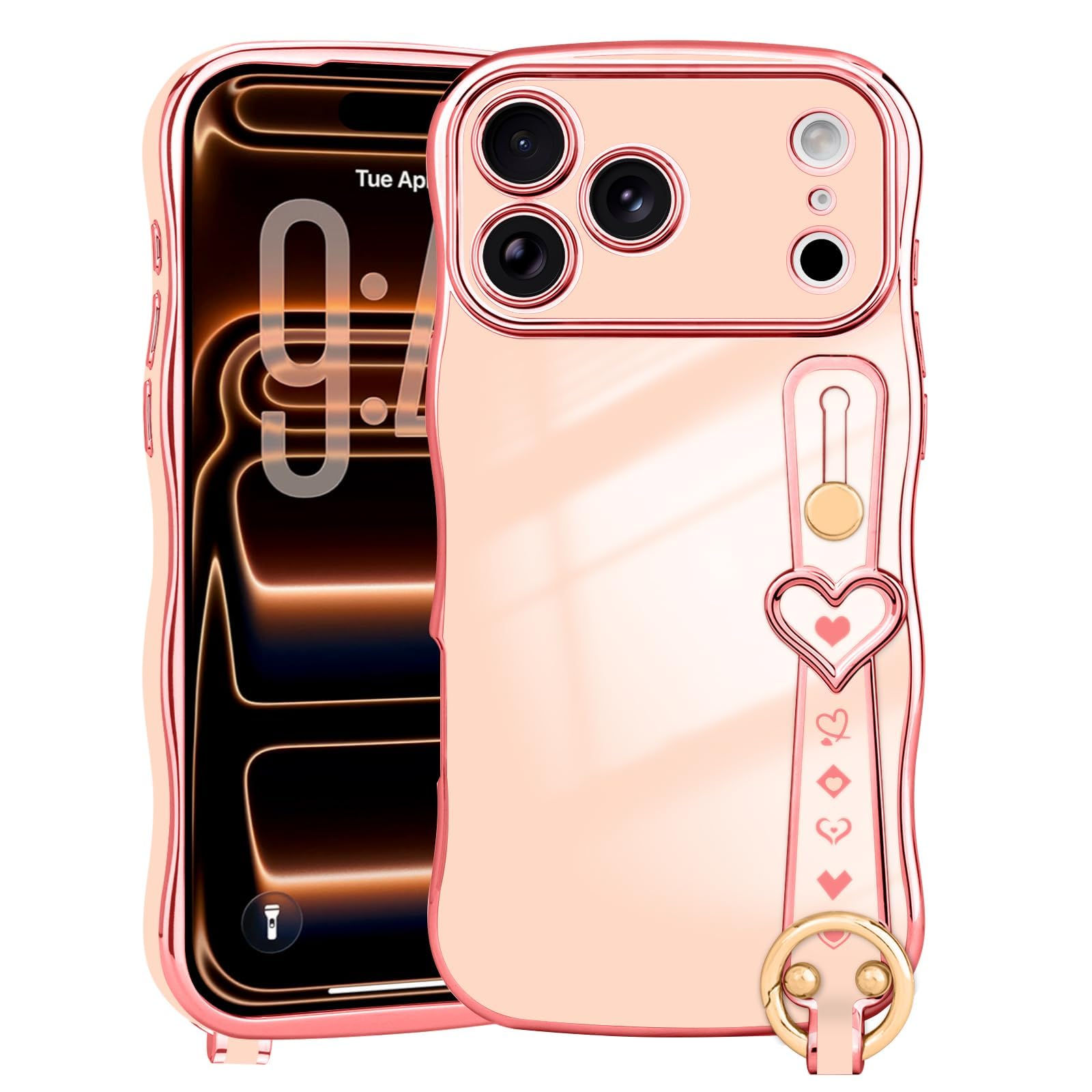 LLZ.COQUE for iPhone 17 Pro Max Case for Women Girls Wave Frame Strap Cute Love-Heart Luxury Plating Cover Raised Camera Protection Shockproof Silicone Phone Case for iPhone 17 Pro Max, Pink