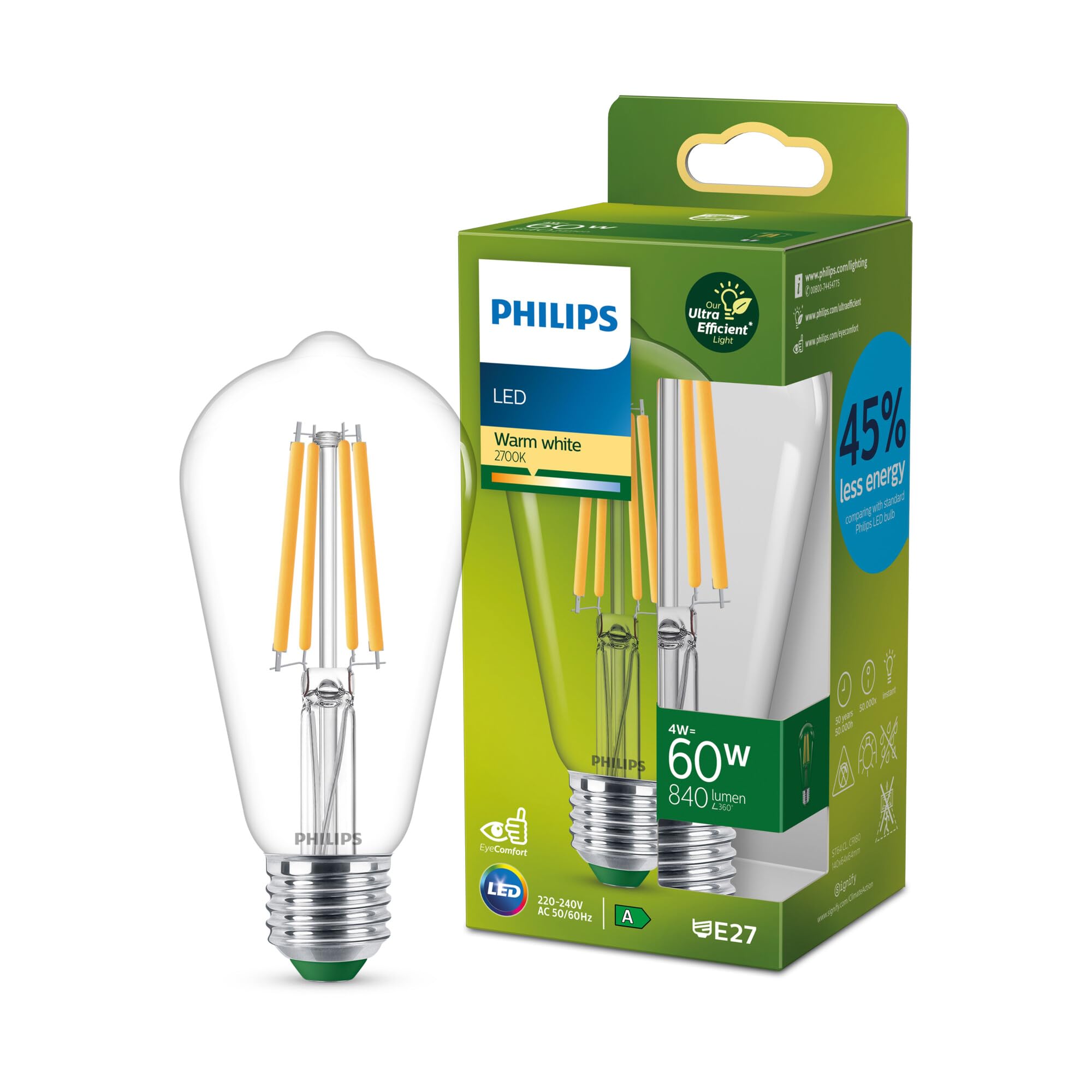 Philips Classic ultra-efficient LED bulb with energy efficiency class A, E27 base, replaces 60W, clear, warm white light, edison shape