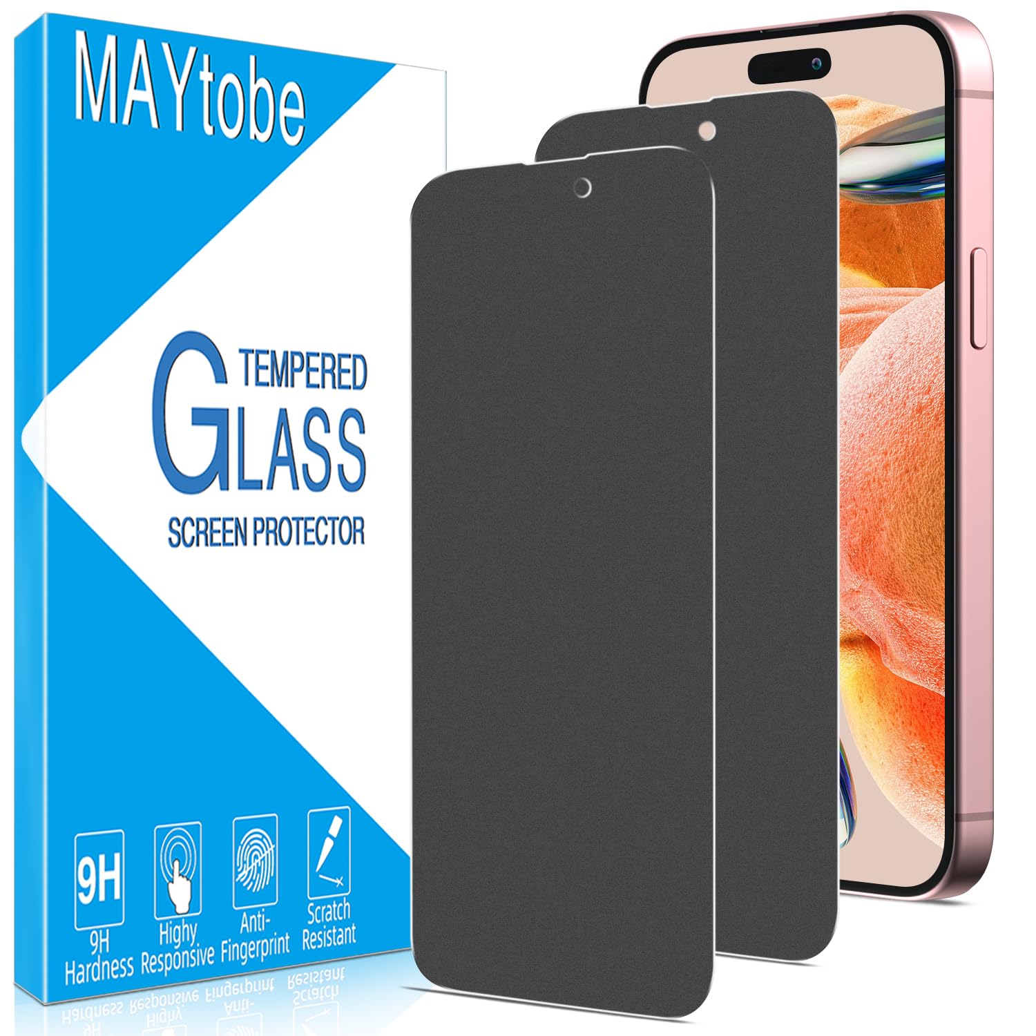 MAYtobe [2 Pack] Matte Privacy Screen Protector For iPhone 15, 15 Pro, Anti Spy Tempered Glass, 9H Hardness, Case Friendly, Anti Scratch, Touch Sensitive