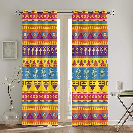 Amazon パンチカーテン シームレスで派手な明るい色のパターンでメキシコスタイルのリビングルームの寝室の窓のカーテン2パネルセット260cmx180cm カーテン オンライン通販