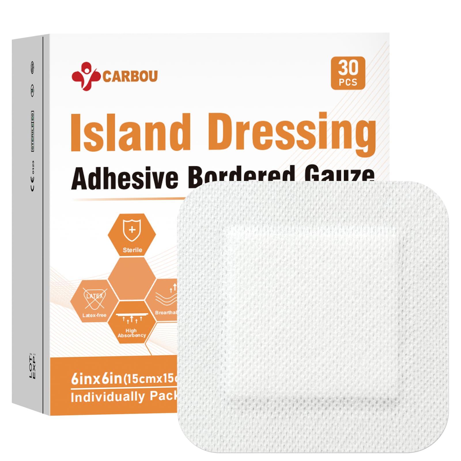 Photo 1 of [6''x6''-30count] Carbou Island Dressing Bordered Gauze Sterile Individually Wrapped Gauze Pads,Highly Absorbent Adhesive Dressing Pad,Soft and Breathable Wound Dressing for Wound Care