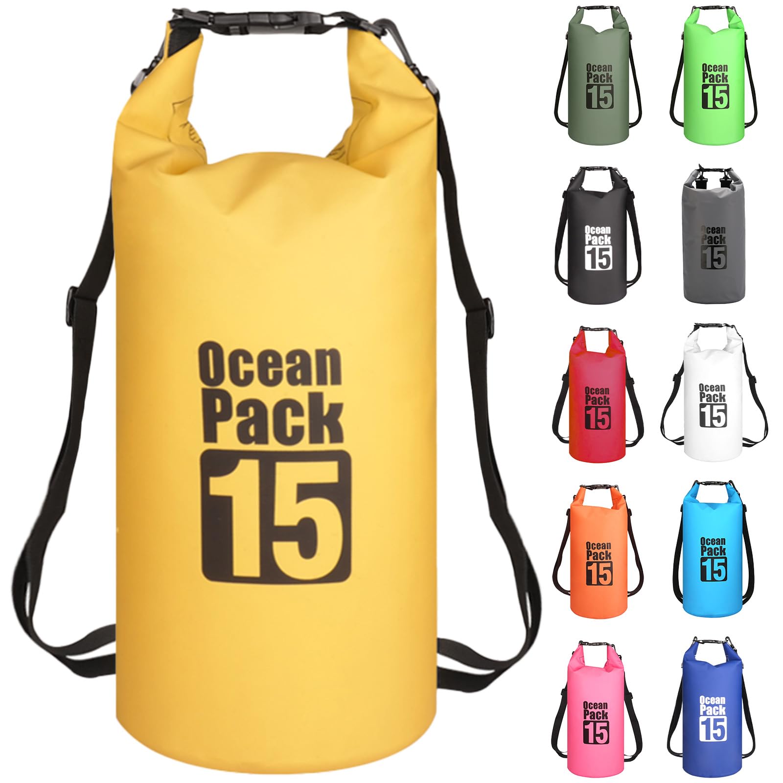 MORAINJAY 15L Yellow Dry Bag,Waterproof Bag with Double Adjustable Shoulder Strap,Middle Capacity Dry Sack 2L 5L 10L 15L 20L 30L for Outdoor Camping,Rafting,Swimming,Boating,Surfing