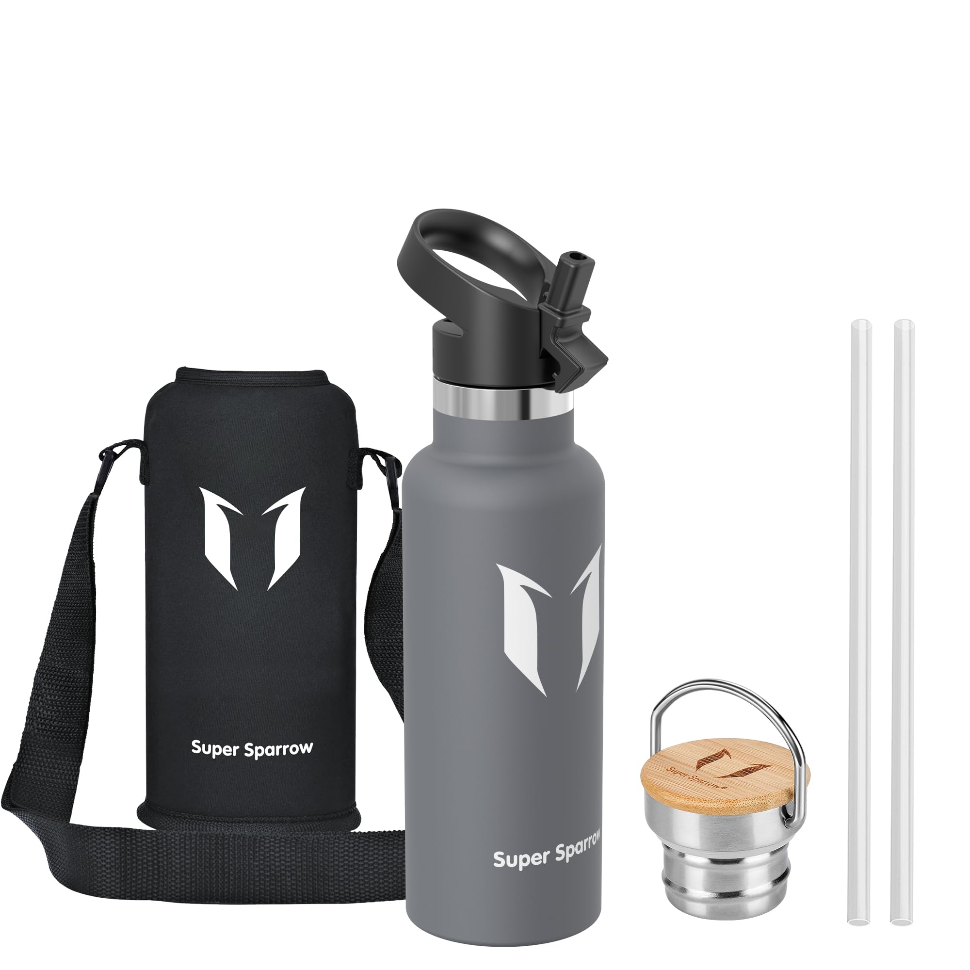 Super Sparrow Stainless Steel Water Bottle Kids - 500ml - Insulated Metal Water Bottles - Standard Mouth Flask - BPA Free - Straw Bottle for Work, Gym, Sports - 2 Lids — image 1