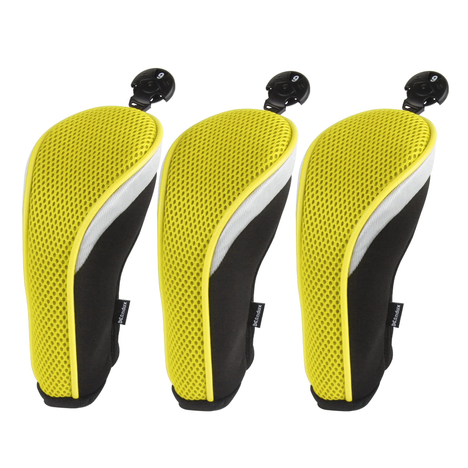 Andux Golf Hybrid Club Head Covers Short Neck with Dial No. Tag Pack of 3 Yellow