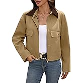 AMZANGEL Women's Cropped Zip up Jacket Contrast Collar Long Sleeve Snap Button Oversize Causal Jackets Utility Pockets