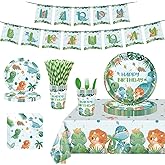 134 Pcs Watercolor Dinosaur Party Supplies Decorations, Disposable Dinosaur Party Tableware for Kids Boys Birthday Includes Dinner Dessert Plates Napkins Straw Tablecloth Forks Cups, Serves 16 Guests