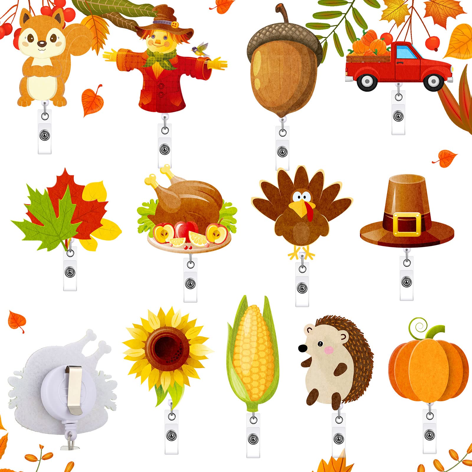Photo 1 of 12 Pieces Thanksgiving Holiday Badge Reel Fall Autumn Felt Retractable Holder Maple Leaf Turkey Name Id Badge Reel with Clip for Thanksgiving Nurse Doctor Teacher Holiday Favors