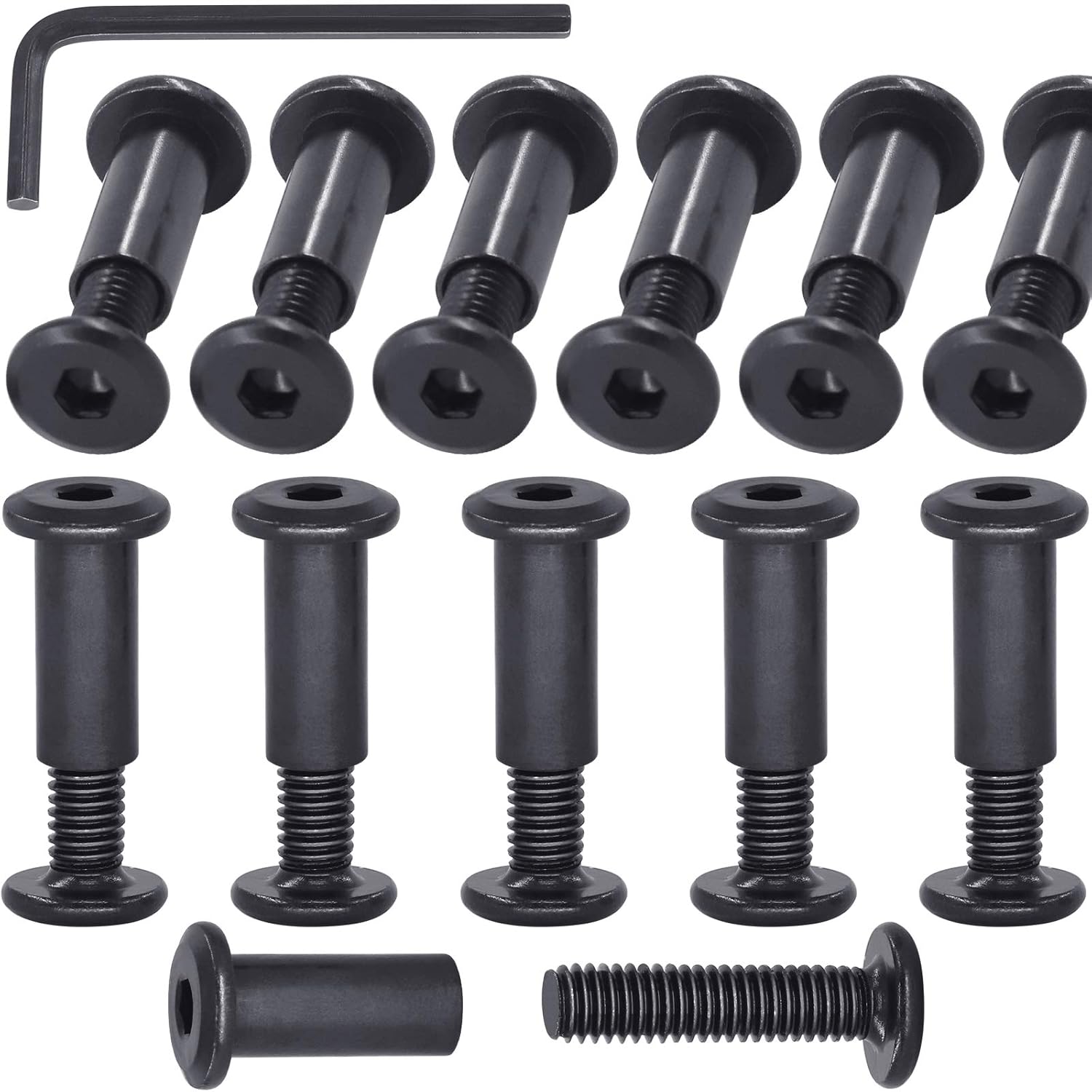 Mardatt 12Sets M6x25mm Black Hex Socket Cap Bolts and Barrel Nuts, Crib Bolts Flat Head Binding Bolt Screw Post for Belt Buckle Leather Furniture