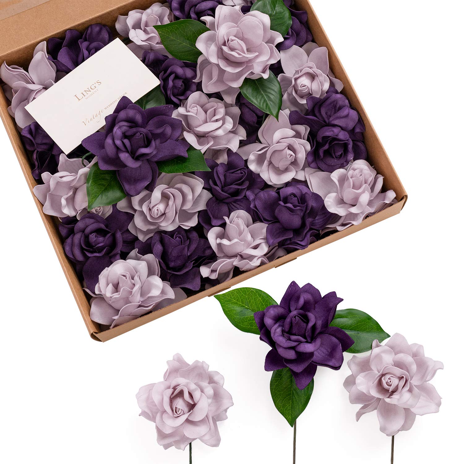 Photo 1 of Ling's moment Flowers 25pcs Fake Gardenia Lilac & Purple Flowers Artificial Flowers with Stem, Fake Flower for DIY Wedding Decorations Centerpieces Bouquets Boutonnieres