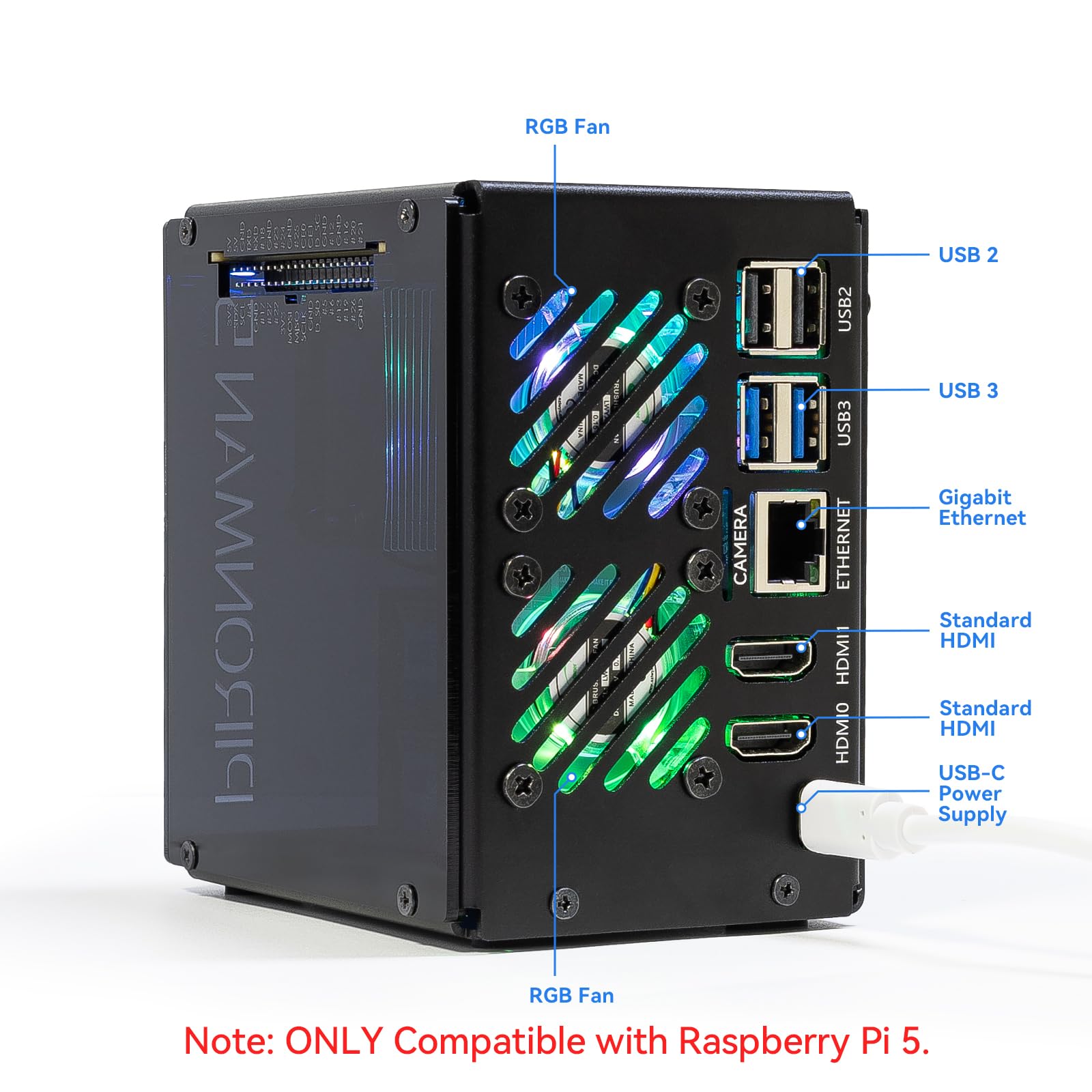 Pironman 5-MAX Dual NVMe M.2 SSD PCIe PC Case for Raspberry Pi 5 NAS RAID 0/1 Hailo-8L AI Accelerator PWM Tower Cooler+Dual RGB Fans, 0.96