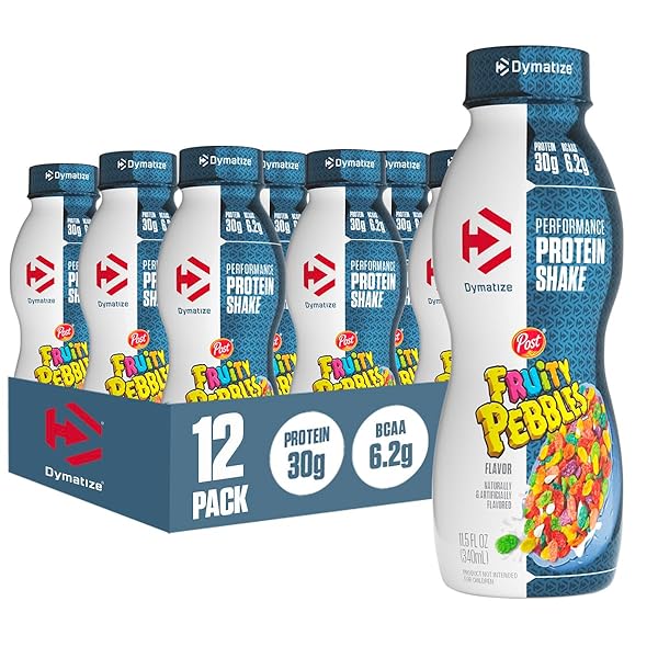 DYMATIZE PERFORMANCE PROTEIN SHAKE, FRUITY PEBBLES, 30G PROTEIN, 6.2G BCAA FOR MUSCLE RECOVERY, NO ADDED SUGAR, LOW FAT, 24 VITAMINS AND MINERALS, GLUTEN-FREE, READY TO DRINK, ON-THE-GO SNACK, 11.5FL OZ, 12 PACK