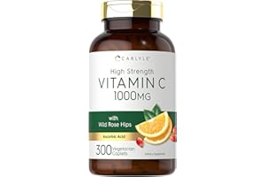 Carlyle Vitamin C 1000mg | 300 Vegetarian Caplets | Ascorbic Acid with Wild Rose HIPS | High Strength Formula | Non-GMO and Gluten Free Supplement