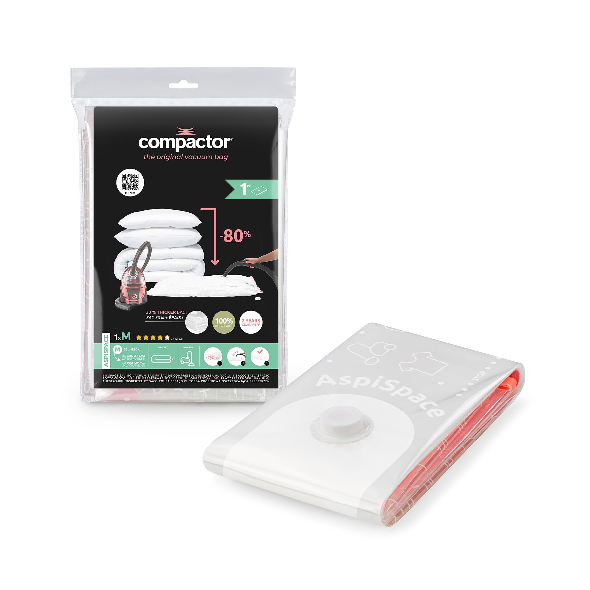 Compactor Aspispace Medium Vacuum Compression Bag, 55X90 cm, Transparent, Recyclable Pe/Pet, Reduces Volume By 3X, Reusable up to 100 Times