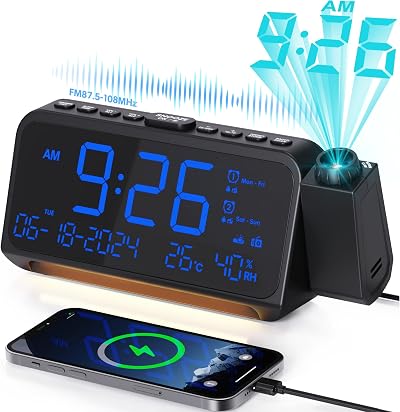 Mesqool LED Projection Alarm Clock with Dual Alarm FM Radio Temperature Humidity