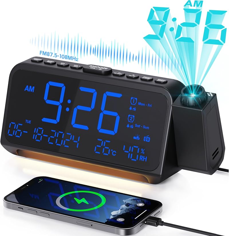 Mesqool LED Projection Alarm Clock with Dual Alarm FM Radio Temperature Humidity