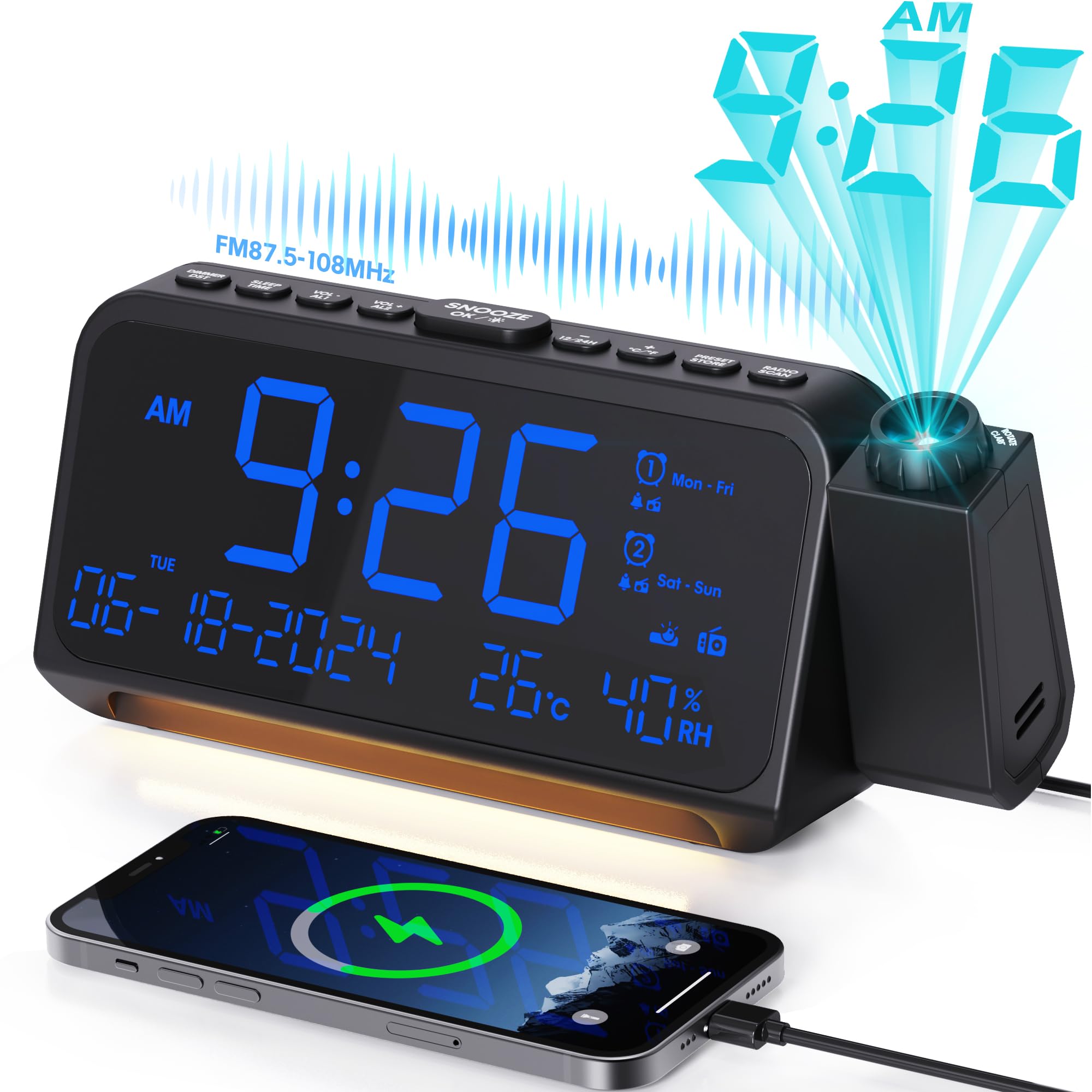 Mesqool LED Projection Alarm Clock, Digital FM Radio Clock with Projector, Dual Alarm and Adjustable Night Light, Temperature and Humidity Display, 5-Level Dimmer with Type C Charging Port