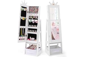 HONEY JOY Kids Jewelry Armoire Cabinet, Crown Themed 45.5" Standing Wooden Standing Jewelry Organizer w/Full-length Mirror & Storage Box, Children Dress Up Vanity Jewelry Cabinet for Girls (White)