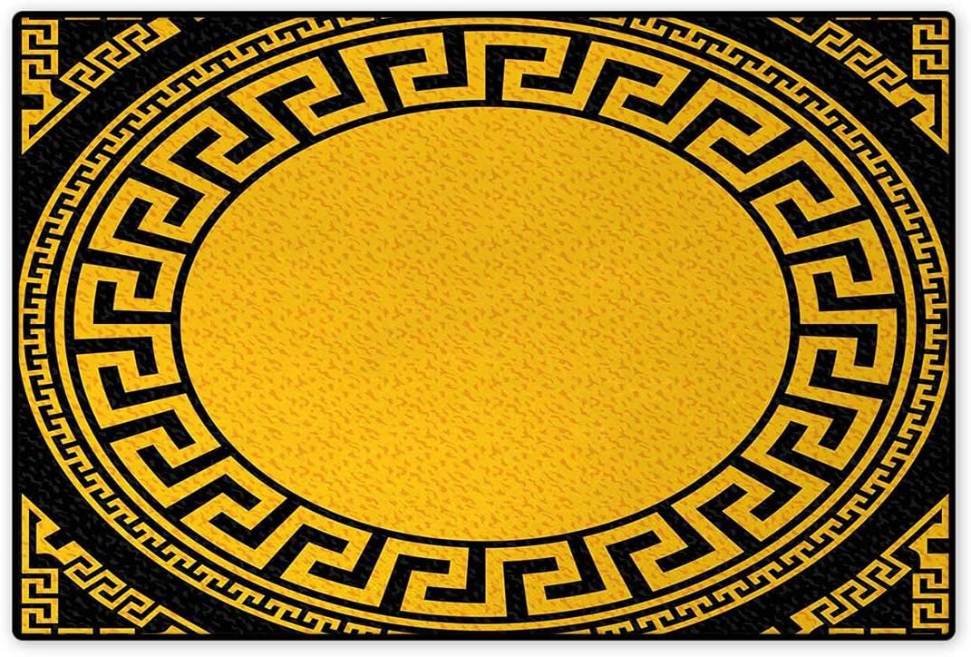 smallbeefly Greek Key,Bath Mat,Sun Inspired Big Circle with Antique Fret and Triangular Ornaments,Door Mat Indoors Bathroom Mats Non Slip,Charcoal Grey Marigold 24"x36"