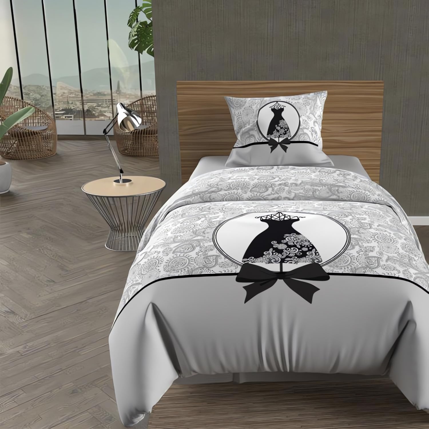 Soleil d'ocre Black Dress Duvet Cover + 1 Pillowcase, Cotton, Grey, 140 x 200 cm