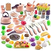 120Pcs Mini Play Kitchen Accessories, Kids Pretend Cooking Playset with Desserts, Cuttable Veggies & BBQ & Storage Basket, Educational Role-Play Gift for Toddlers, Child, Pink