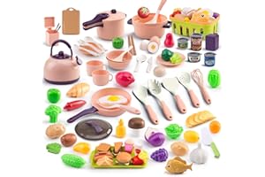 BRUVOALON 118Pcs Mini Play Kitchen Accessories for Kids, Pretend Cooking Playset with Cookware, Tableware & 2 Fruit Sets, Learning Gift for Girls, Boys, Toddlers, Pink
