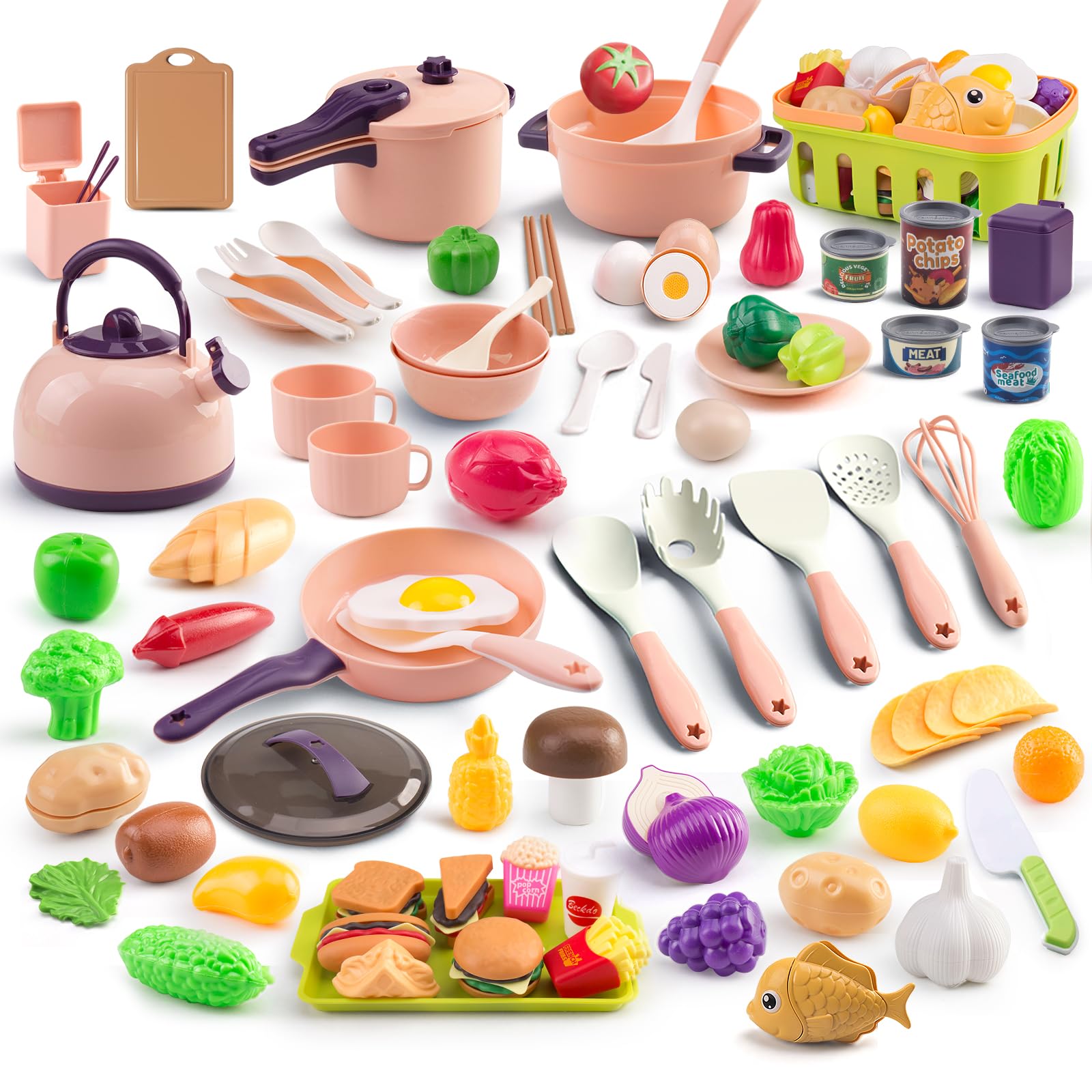 Photo 1 of 118Pcs Mini Play Kitchen Accessories for Kids, Pretend Cooking Playset with Cookware, Tableware & 2 Fruit Sets, Learning Gift for Girls, Boys, Toddlers, Pink