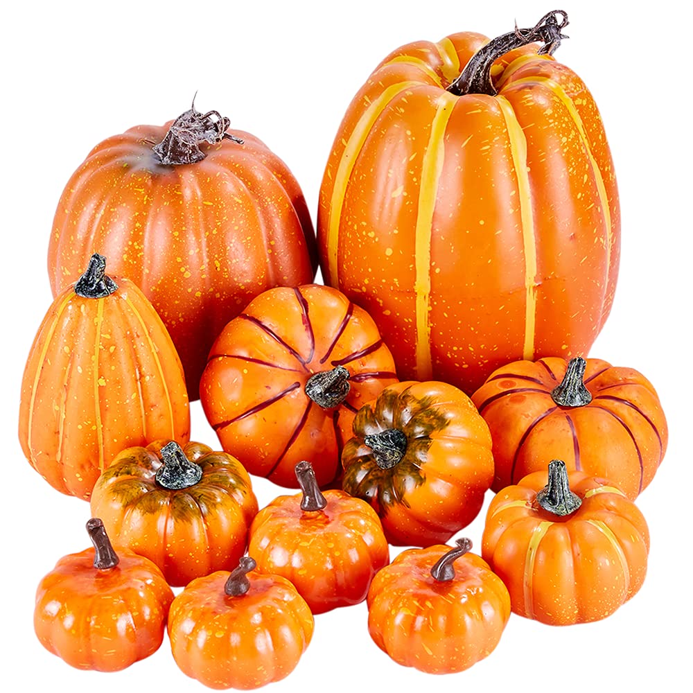 Ywlake Package of 12 Pcs Assorted Sizes Autumn Artificial Orange Pumpkins Large Faux Harvest Pumpkins for Autumn Thanksgiving Halloween Seasonal Holiday Party Decor Decoration