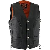 Milwaukee Leather ML1369 Men's Black Premium Leather Side Lace Motorcycle Rider Vest w/Buffalo Nickel Snaps Closure