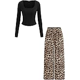 CIDER Two Piece Sets for Women Leopard Wide Leg Pants with Pockets Built in Bra Long Sleeve Tops Outfits