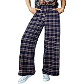 Acelitt Womens Casual Checkered Pants Elastic Waist Comfy Loose Wide Leg Pants with Pockets