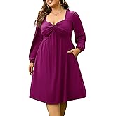 AMCLOS Women's Plus Size Square with Deep V Neck Sexy Flowy Dress Twist Knot Front 2 Pockets Long Sleeve Casual Party Work