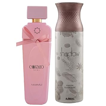 Maryaj Cosmo Girl Eau De Parfum Floral Powdery Perfume 100ml for Women and Ajmal Shadow Homme Deodorant Citrus Woody Fragrance 200ml for Men + 2 Parfum Testers FREE