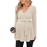 FMEYOA Womens Maternity Shirts Long Sleeve Pregnancy Tops Casual V Neck Ribbed Knit Pregnant Blouses
