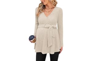 FMEYOA Womens Maternity Shirts Long Sleeve Pregnancy Tops Casual V Neck Ribbed Knit Pregnant Blouses