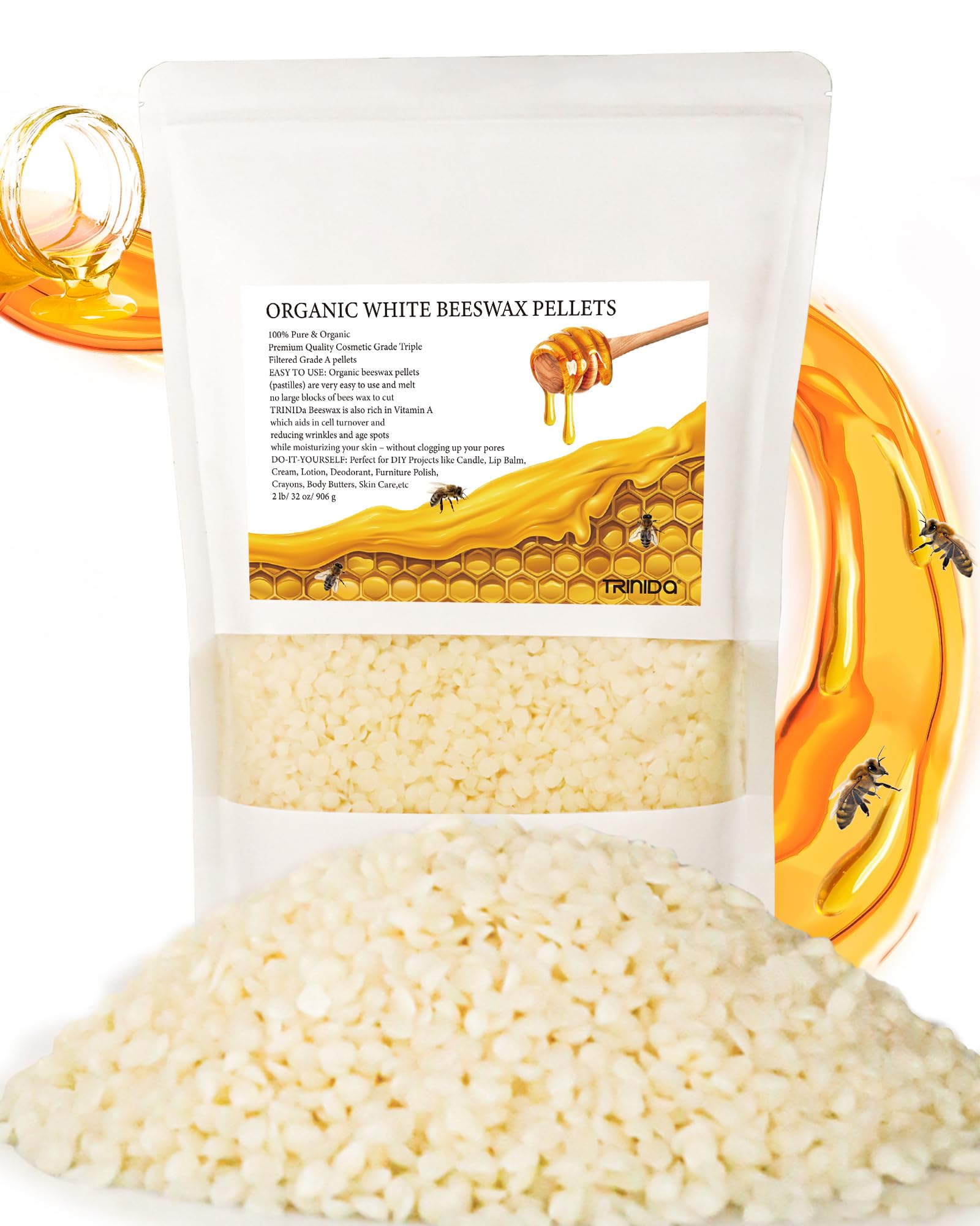 TRINIDa Beeswax Pellets 906g(32 oz), White Bees Wax for DIY Candles, Beeswax for Candle Making, Skin, Body, Face, and Hair Care, Lotions, DIY Creams, Lip Balm and Soap Making Supplies