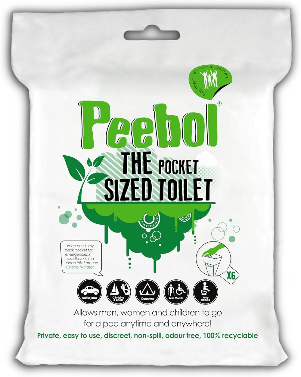 Peebol by SHEWEE Pocket Loo 1L Urine to Gel 6 Pack UK Made Portable