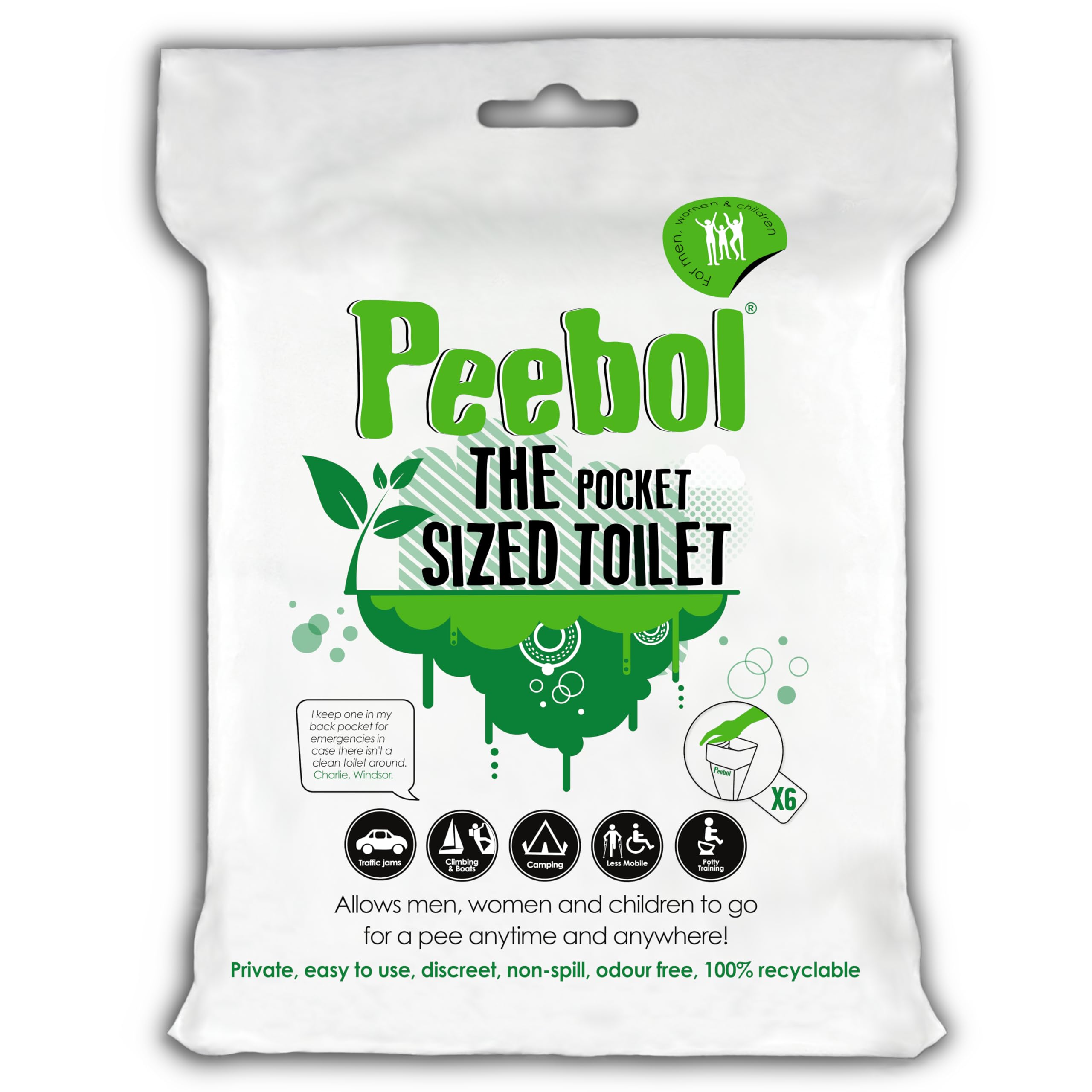 Peebol by SHEWEE – The Pocket-Sized Toilet – Rapidly Turns 1L of Urine into an Odourless, Compostable & Solid Gel. UK Made, Disposable Urinal for Everyone. Festival, Camping, Car Essentials – 6 Pack
