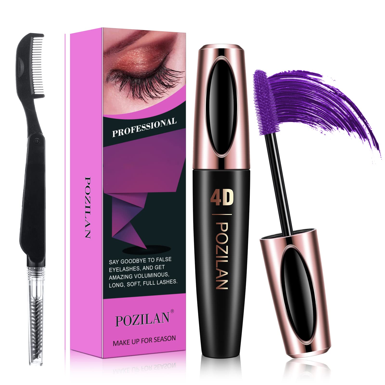 4D Silk Fiber Lash Mascara Waterproof Purple with Folding Eyelash Comb Brush - Lengthening, Volumizing, Long-Lasting, Natural Eye Makeup (02 Purple)
