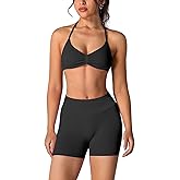 ABOCIW Womens Seamless Workout Sets 2 Piece Strappy Halter Sports Bra Scrunch Butt Shorts Gym Yoga Outfits