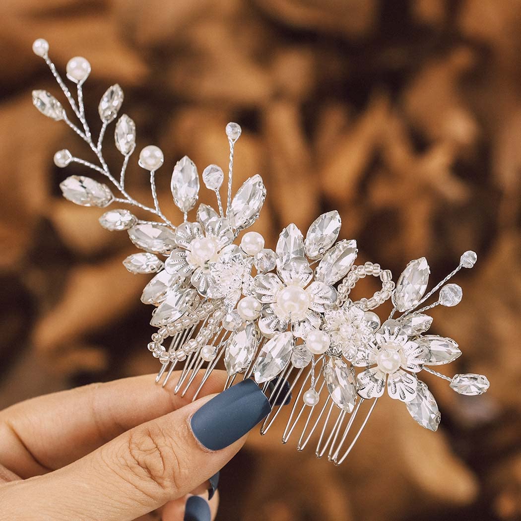 IYOU Bridal Wedding Hair Comb Sliver Sparkly Rhinestones Side comb Shiny Crystal Flower Hair Piece Bride Pearl Leaves Hair Accessories for Women and Girls