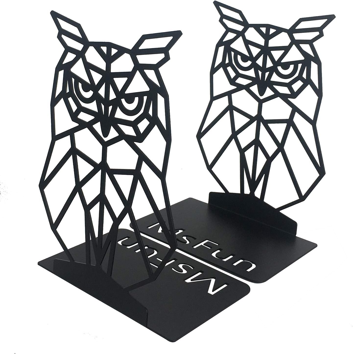 MsFun Decorative Bookends Black Owl Farmhouse Decor Geometric Metal Bookend