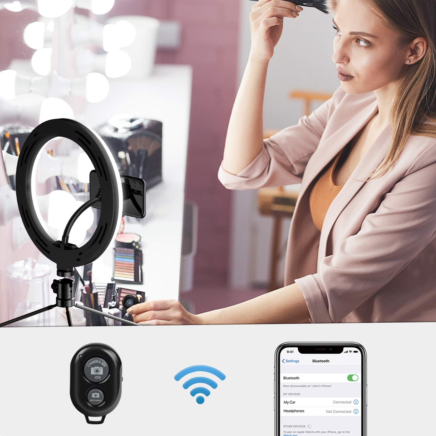 Yesker RGB Ring Light 10 Inch LED Ringlight with Brightness Dimmable 10 RGB Colors with Desktop Tripod Stand and Cell Phone Holder for Video Recording, Makeup, Zoom, Live Stream, Photography