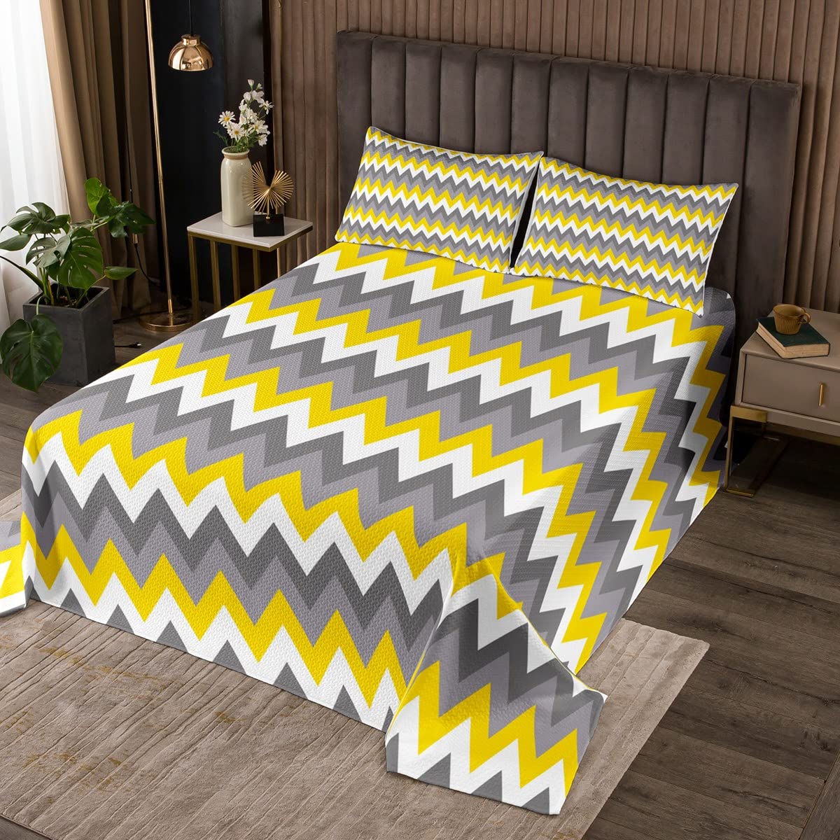 Yellow Grey and White Coverlet Geometric Wave Stripes Quilted Bedspread Coverlet Set for Kids Boys Girls Modern Abstract Art Room Decor King Size