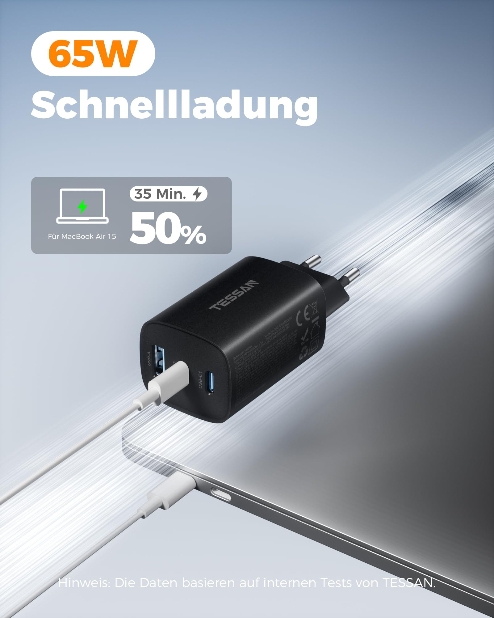 TESSAN PD 65W USB C Ladegerät, 3-Port Netzteil mit 2 USB-C und 1 USB-A 3