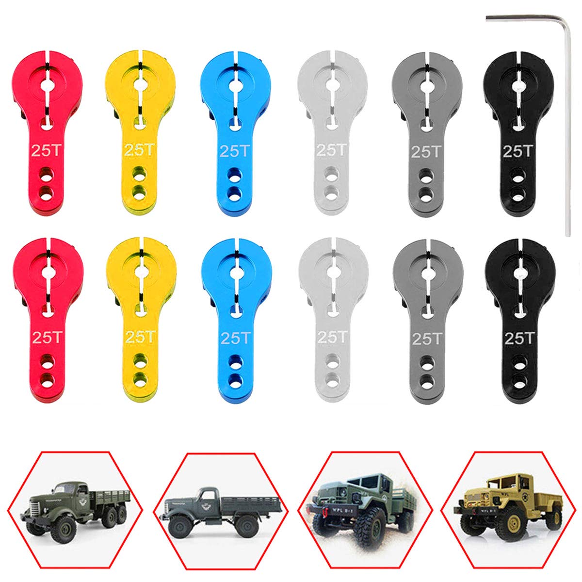 Youmile 12PCS Servo Horn 25T Aluminum M3 Threads Metal Steering 6 Color Red Blue Grey Sliver Yellow Black Servo Aceessories For RC Car Truck Buggy Airplane