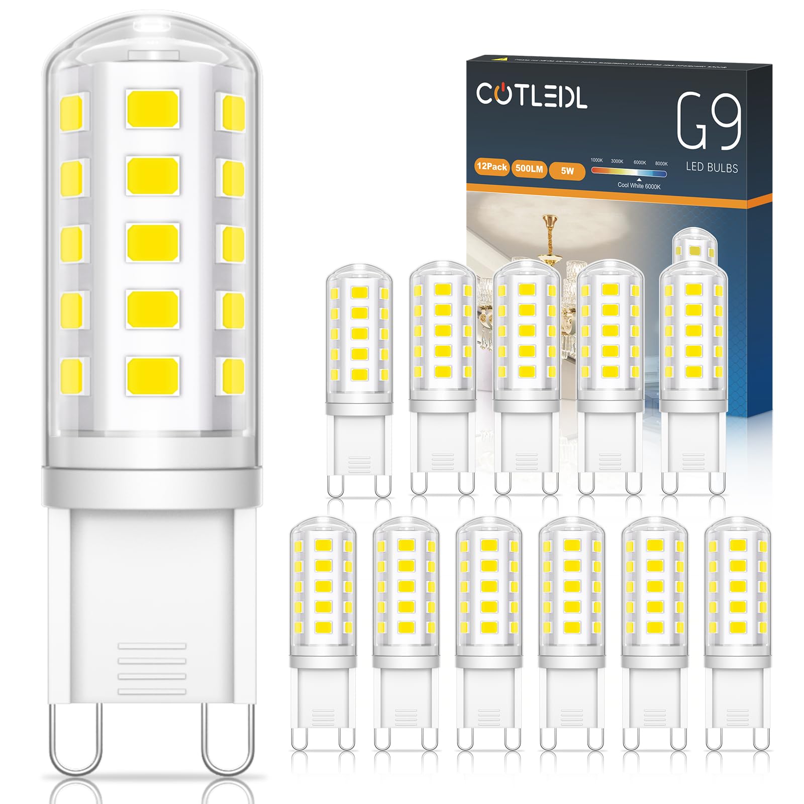 COTLEDL G9 LED Bulbs Cool White 6000K,5W,500LM,Equivalent 50W Halogen Bulb,No Flicker Non-Dimmable G9 Bulb Energy Saving Bulbs for Home Lighting Decor 12-Pack