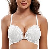 Deyllo Women's Front Closure Bras Lace Racerback Padded Push Up Bra Underwire Plunge(White,34B)