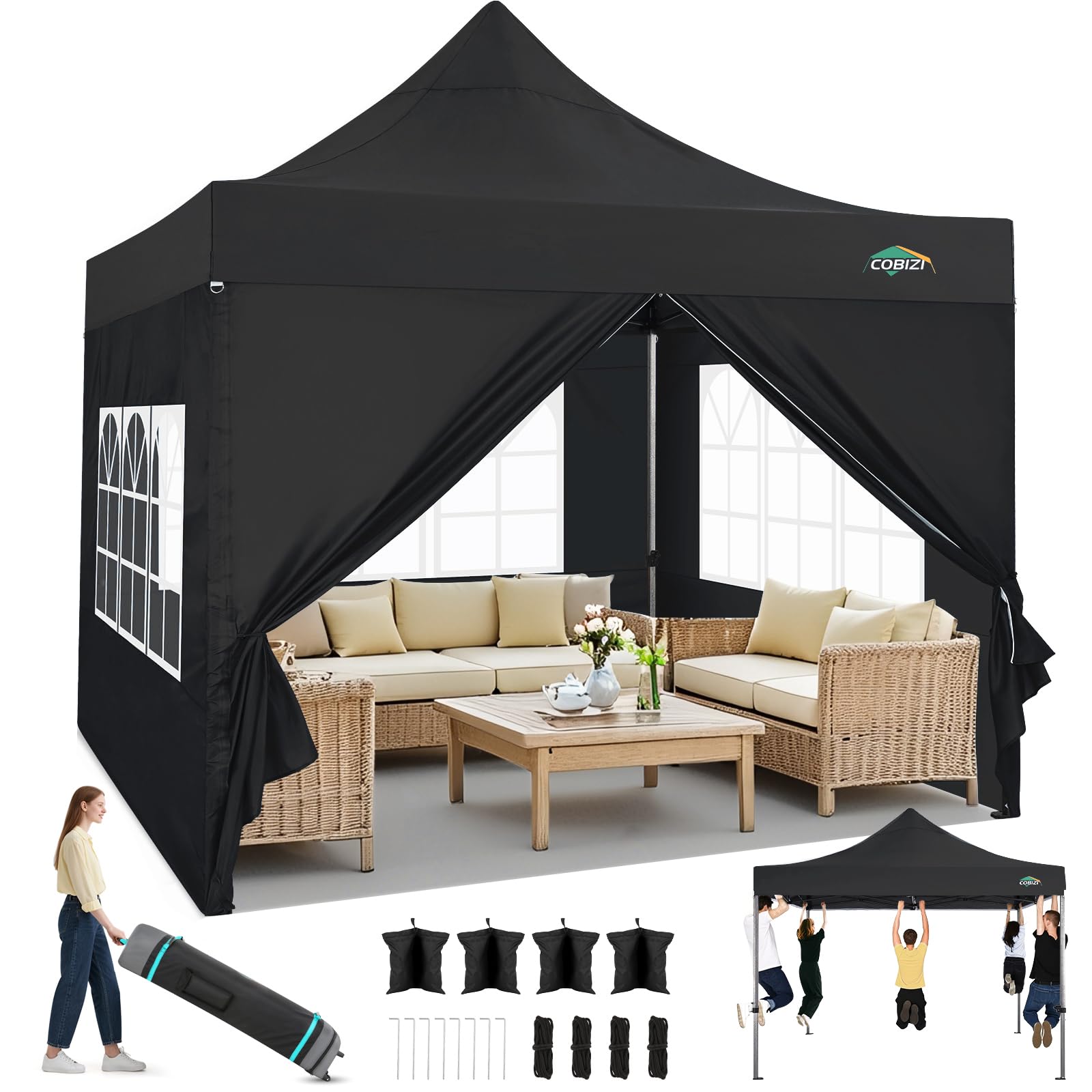COBIZI 10x10 Heavy Duty Pop Up Canopy Tent with 4 Sidewalls Thicken Frame, Commercial Easy Up Outdoor Wedding Party Tents, All Season Waterproof Windproof with Stakes Sandbags Ropes Roller Bag, Black Image