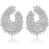 CWWZircons Luxury Cubic Zirconia Dangle Drop Big Earrings, Silver Plated, Clear Crystal Leaf Design, Wedding Bridal Party Statement Jewelry