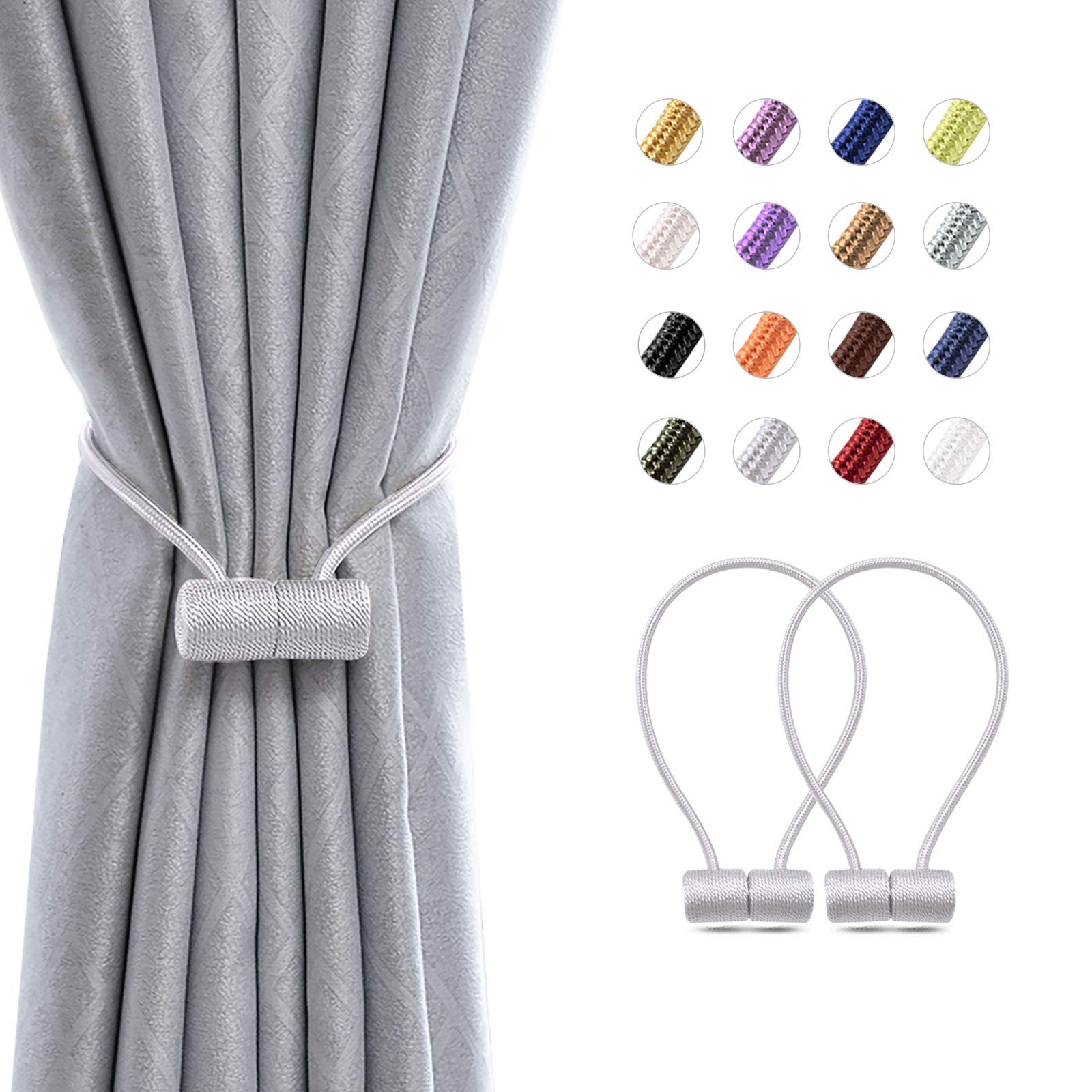 Pretty Jolly 2 Pack Magnetic Curtain Tiebacks 16 Inch Modern Handmade Weave Rope Curtain Holdbacks Convenient Decorative Curtain Drape Tie Backs for Home and Office Window Drapery (Grey)